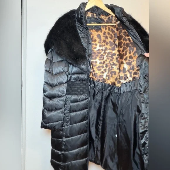 Laundry Black Puffer Coat | Faux Fur Collar Leopard Lined Long Jacket - Picture 2 of 8